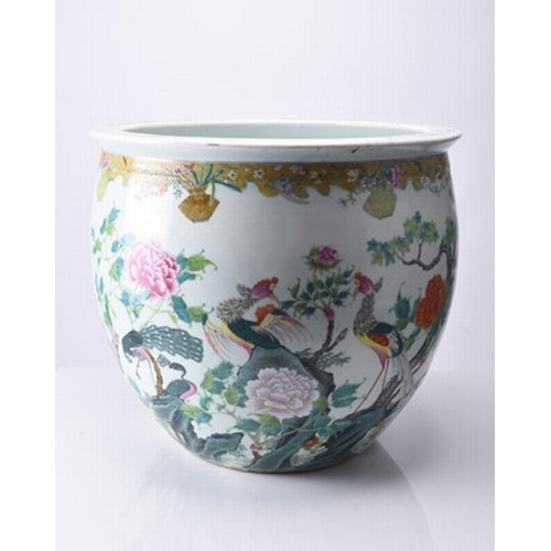 53 - A good Chinese famille rose fish bowl, 18th century Of ovoid form with everted rim, finely painted i... 