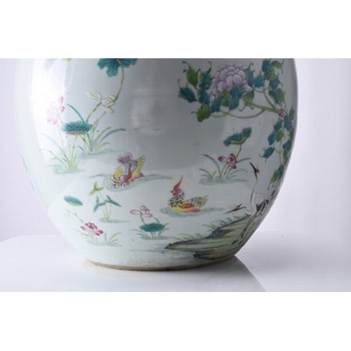 53 - A good Chinese famille rose fish bowl, 18th century Of ovoid form with everted rim, finely painted i... 