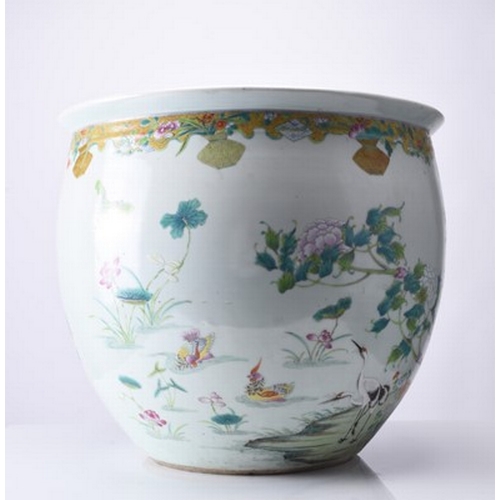 53 - A good Chinese famille rose fish bowl, 18th century Of ovoid form with everted rim, finely painted i... 