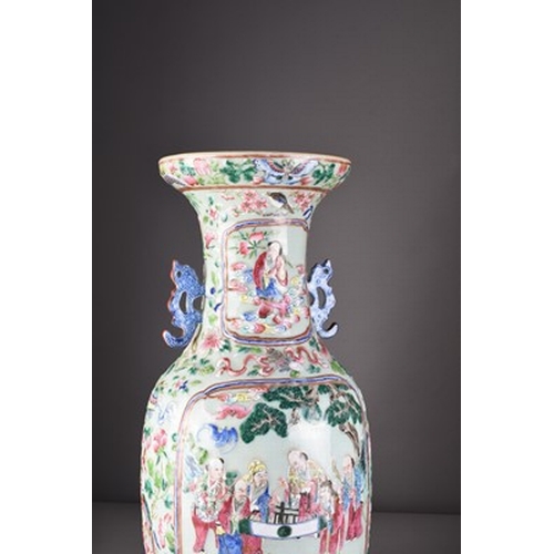 62 - A Chinese famille rose celadon-ground vase, 19th century Of ovoid form with twin pierced chilong han... 