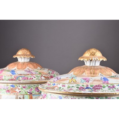 77 - A pair of Chinese Canton famille rose tureens and covers, late 18th century Of ovoid form with entwi... 