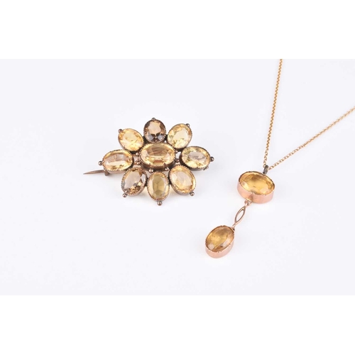 102 - An early 20th century two stone citrine set pendant on chain, not stamped, together with a late 19th... 