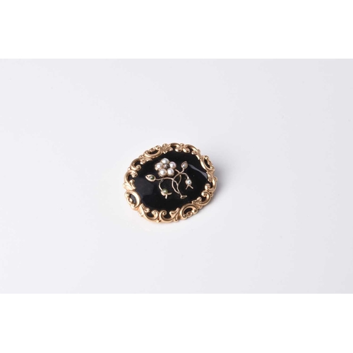 108 - A 19th century diamond, seed pearl and black enamel mourning brooch, the central diamond and pearl '... 