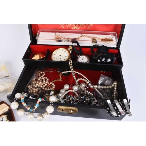 111 - A large collection of jewellery, costume jewellery and watches, to include; a 9ct gold crucifix on c... 