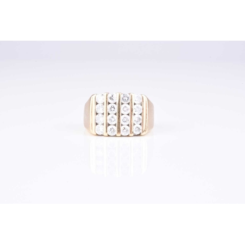 113 - A Gentlemans diamond set panel ring, designed as four rows of four brilliant cut diamonds channel s... 