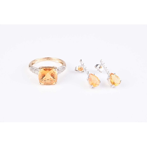 118 - A 9ct gold citrine and diamond ring, size P, together with a pair of citrine and diamond ear pendant... 