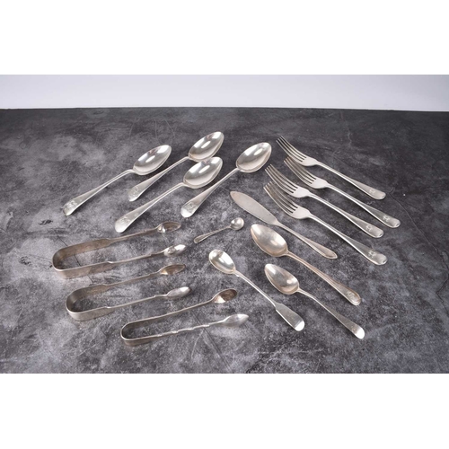 13 - A collection of silver flatware, comprising; a set of six silver dessert forks, Goldsmiths & Silvers... 