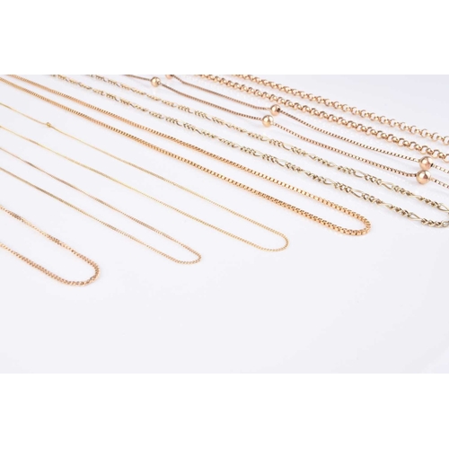 158 - A collection of seven 9ct gold chains, together with a broken 9ct gold chain, total weight approx. 1... 