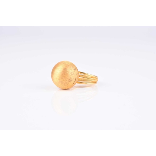 168 - A textured yellow metal orb ring, indistinctly stamped, ring size J 1/2, weight approx 4.4g