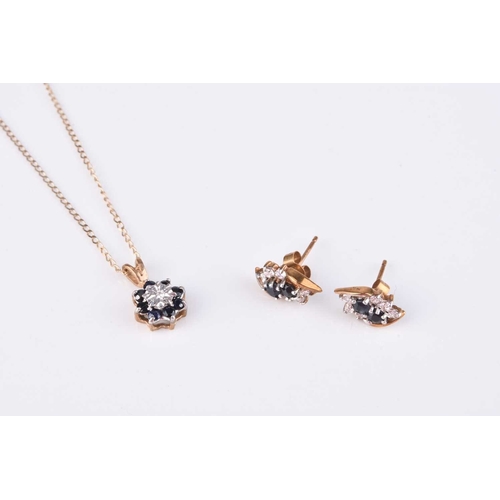 169 - A 9ct gold sapphire and diamond pendant on chain, together with a pair of 9ct gold sapphire and diam... 