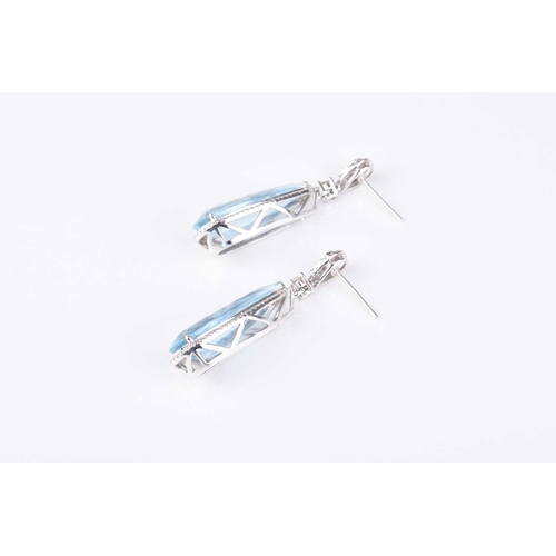 184 - A pair of 18ct white gold aquamarine and diamond ear pendants, each designed as a faceted pear cut a... 