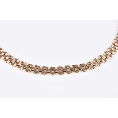 191 - A 9ct yellow gold three bar brick link chain necklace, with integral clasp, 38cm long, weight approx... 