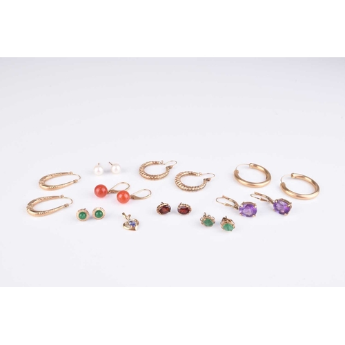 214 - A collection of earrings, to include; a pair of 9ct gold amethyst examples, a pair of 9ct gold polis... 