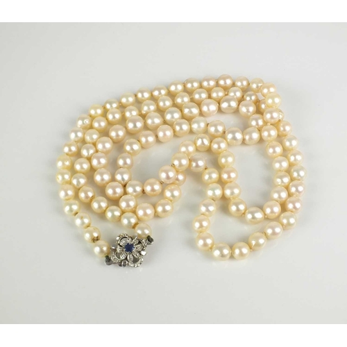 217 - A single strand graduated cultured pearl necklace, with sapphire set clasp, comprising 109 cultured ... 