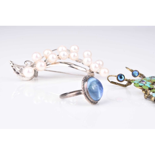 218 - A cultured pearl set spray brooch, stamped 'Sterling', together with a pair of paste set girandole e... 