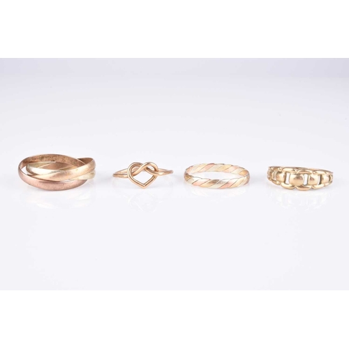 230 - Four 9ct gold rings, comprising; two tri-coloured band, sizes V and T, a stylised heart band, size P... 