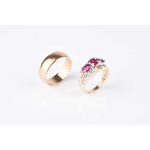 235 - A 9ct gold ruby and diamond ring, size N, together with a 9ct gold wedding band, size T 1/2, total w... 