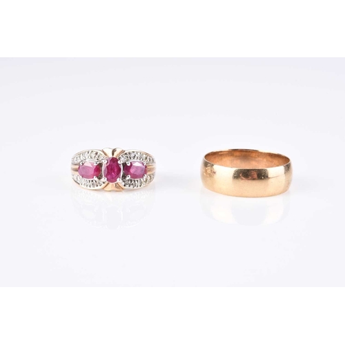 235 - A 9ct gold ruby and diamond ring, size N, together with a 9ct gold wedding band, size T 1/2, total w... 