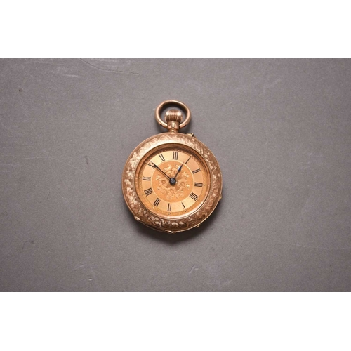 267 - A lady's 14ct gold open face fob watch Date: Circa 1910 Movement: Jewelled bridge plate, stem wind a... 