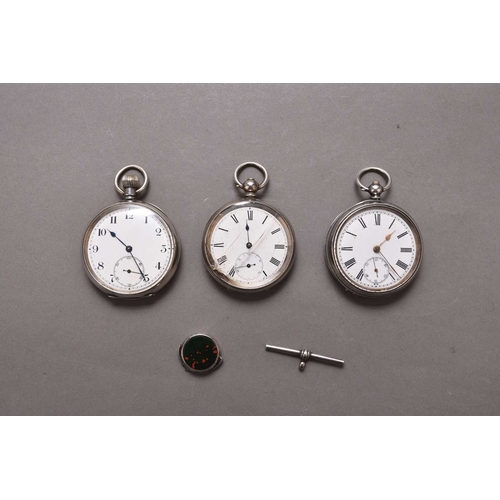 268 - Three silver pocket watches The first hallmarked 1918, stem wind and set, white enamel dial with Ara... 