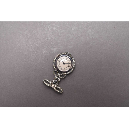 305 - A lady's paste set fob watch The open face chromium-plated watch within a paste-set bezel with bow b... 