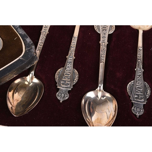 36 - A small collection of silver, comprising; a cased set of six silver spoons commemorating the coronat... 