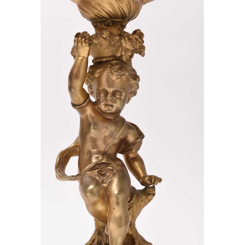 385 - A pair of ormolu rococo revival figural candelabra table lights 19th/20th century, the six branches ... 