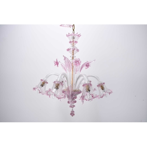 386 - A Venetian coloured glass six-branch chandelier Second half 20th century, the baluster stem issuing ... 