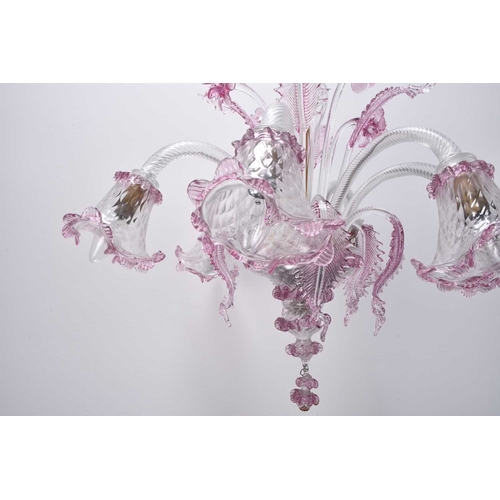 386 - A Venetian coloured glass six-branch chandelier Second half 20th century, the baluster stem issuing ... 