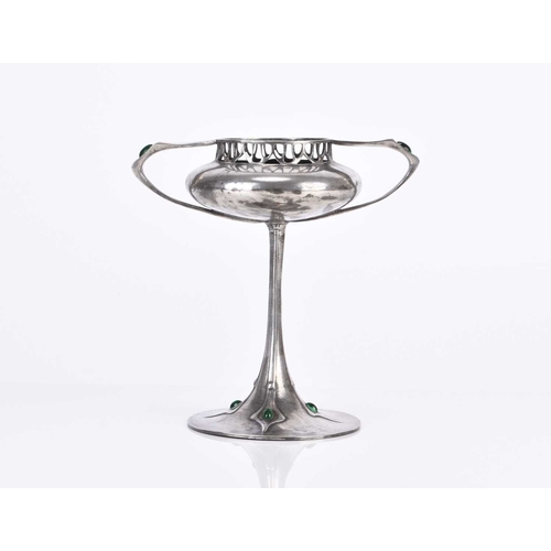 416 - An Imperial Zinn B&G inlaid pewter tazza The bowl of compressed onion form with twin angular handles... 