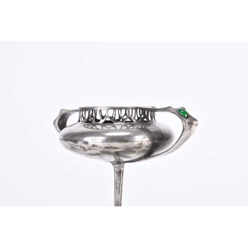 416 - An Imperial Zinn B&G inlaid pewter tazza The bowl of compressed onion form with twin angular handles... 