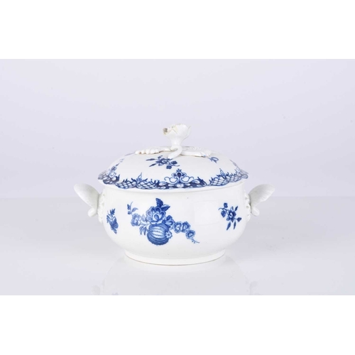 420 - A very rare Caughley porcelain 'Gooseberry / Fruit Sprays' ecuelle and cover, circa 1776-1785, the r... 