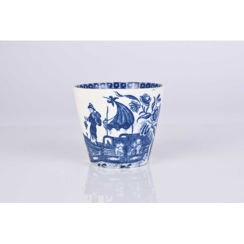 431 - A rare Caughley 'Fisherman' porcelain beaker, circa 1785, transfer-printed in underglaze blue, with ... 