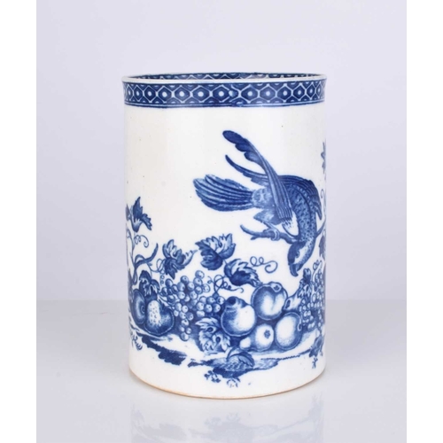 437 - A large Caughley 'Parrot Pecking Fruit' porcelain mug, circa 1780-85, transfer-printed in underglaze... 