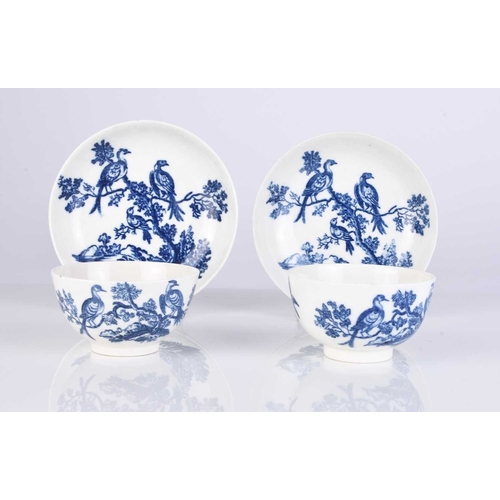 438 - Two Caughley porcelain 'Birds in Branches' tea bowls and saucers, one circa 1778-80, the other 1785-... 