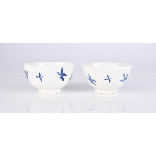 438 - Two Caughley porcelain 'Birds in Branches' tea bowls and saucers, one circa 1778-80, the other 1785-... 