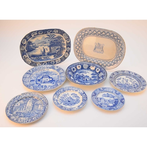 481 - A collection of English blue and white earthenware pottery, early 19th century, comprising an unattr... 