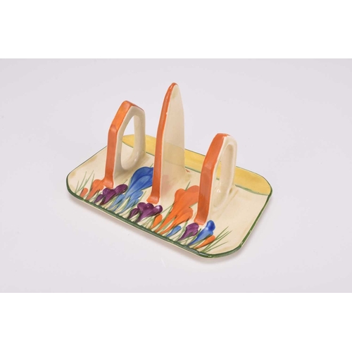 507 - A Clarice Cliff for Newport Pottery Bizarre toast rack in the Crocus pattern, circa 1928-30s of rect... 