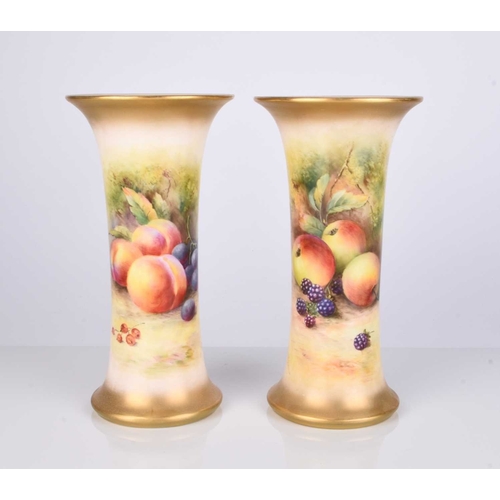 508 - A pair of Royal Worcester vases painted with fruit by Thomas Lockyer, circa 1929, painted to one sid... 