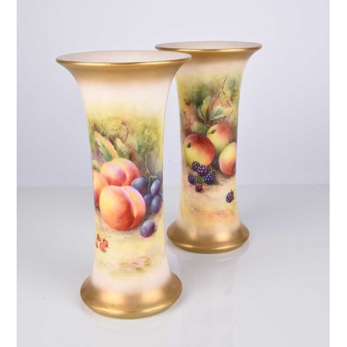 508 - A pair of Royal Worcester vases painted with fruit by Thomas Lockyer, circa 1929, painted to one sid... 