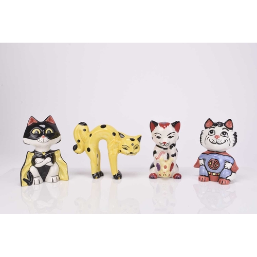 517 - A group of four Lorna Bailey models of cats, comprising Mousetrap Cat, 13cm high, Super Cat, 13cm hi... 