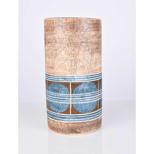 534 - A Troika St. Ives cylindrical vase decorated by Louise Jinks, circa 1976-1981, turquoise, brown and ... 