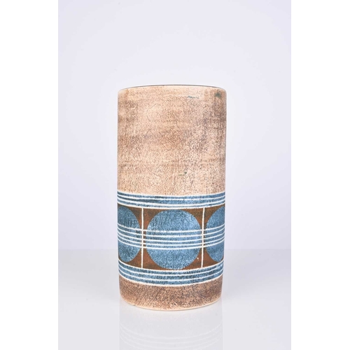 534 - A Troika St. Ives cylindrical vase decorated by Louise Jinks, circa 1976-1981, turquoise, brown and ... 