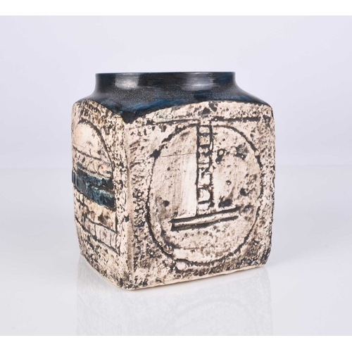 535 - A small Troika St. Ives square-sided vase decorated by Anne Jones, circa 1976-77, buff and dark turq... 