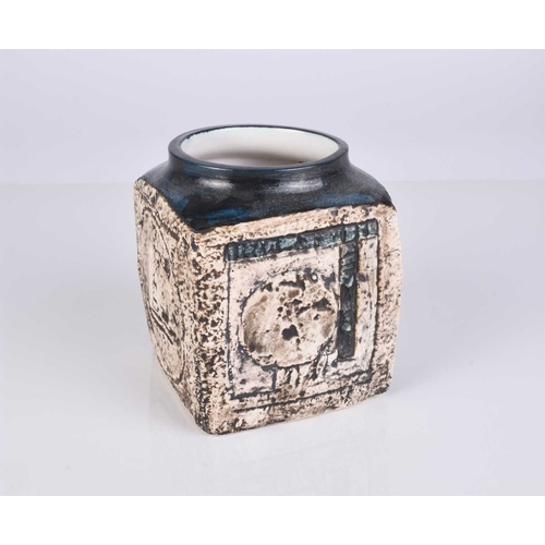 535 - A small Troika St. Ives square-sided vase decorated by Anne Jones, circa 1976-77, buff and dark turq... 