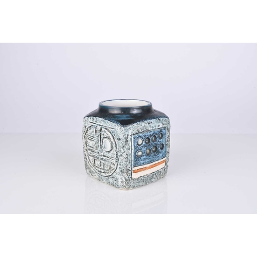 538 - A small Troika St. Ives square-sided vase decorated by Honor Curtis, circa 1968-73, turquoise with w... 