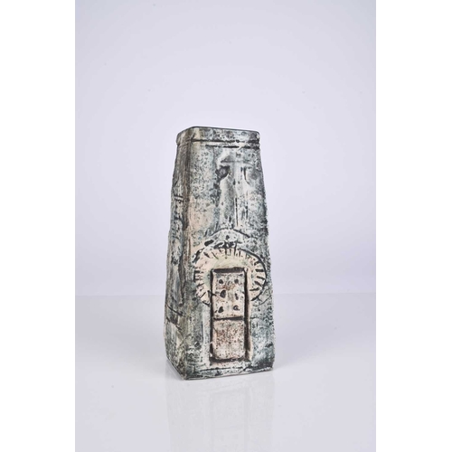 542 - A Troika St. Ives coffin vase decorated by Teo Bernatowitz, circa 1974, turquoise glaze, signed, 17c... 