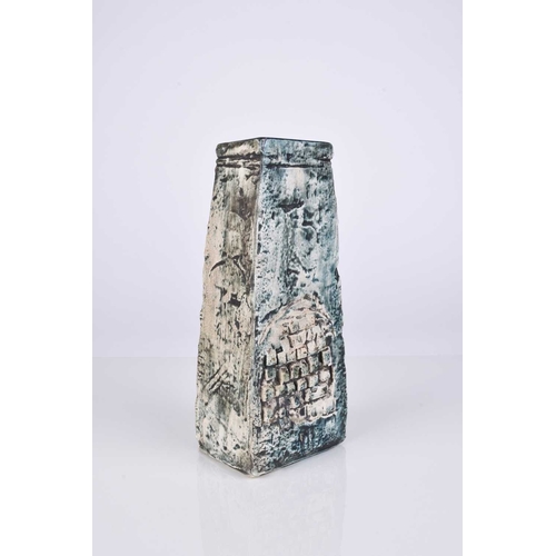 542 - A Troika St. Ives coffin vase decorated by Teo Bernatowitz, circa 1974, turquoise glaze, signed, 17c... 