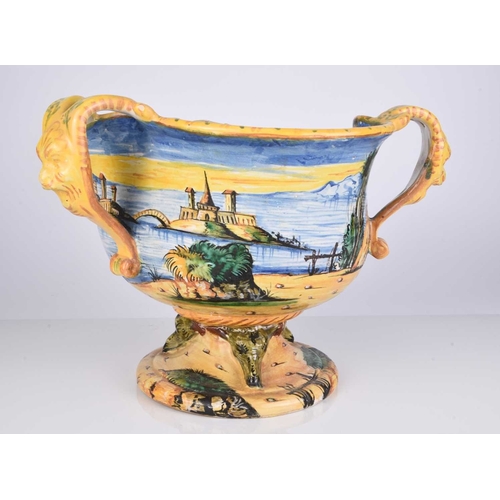 581 - An Italian maiolica Istaoriato style urn vase, possibly Cantagalli, of three-handled form with pinch... 