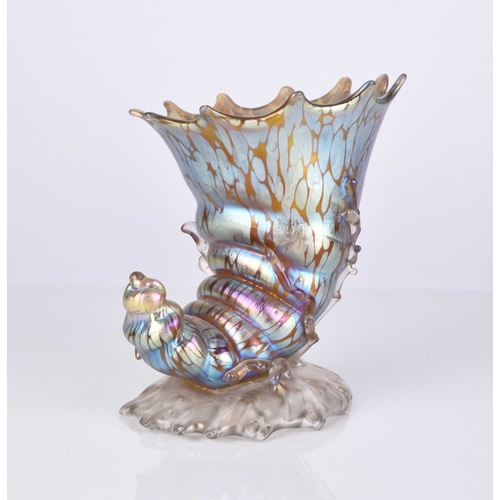 590 - A Johann Lötz (Loetz) Witwe Bohemian Art Nouveau cornucopia vase, circa 1900, iridescent glass, the ... 